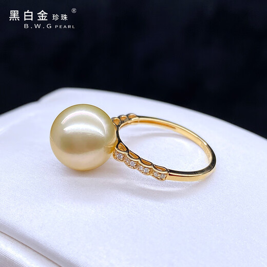 Black and white gold pearl South Sea seawater gold pearl ring 18K gold material inlaid with gold pearl ring temperament women's model 11-12mm