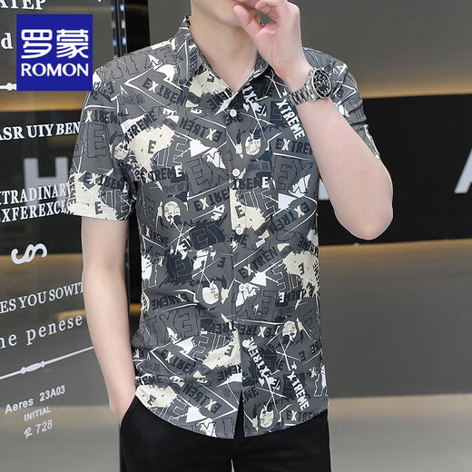
ROMON summer thin stretch floral shirt men's short-sleeved Korean style slim men's shirt youth ice silk half-sleeved clothes FJL7037 white XL [120-135Jin [Jin equals 0.5 kg]]