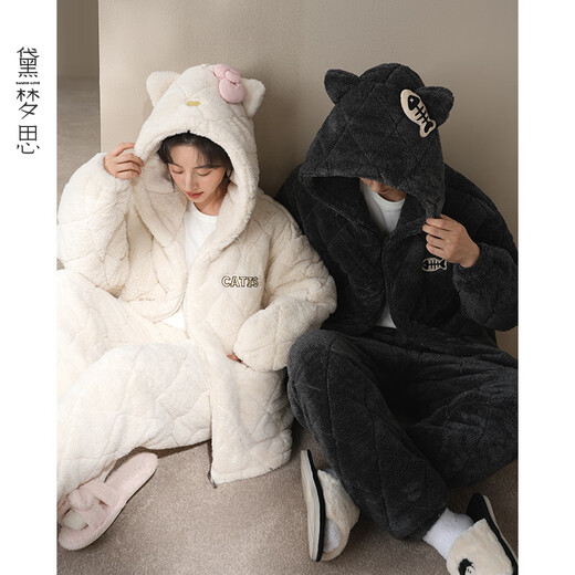 Daimensi couple pajamas quilted coral velvet winter three-layer thickened warm hooded women's and men's home clothes couple style (single set price)-68054 XL -Male/height 171-178, weight 135-155