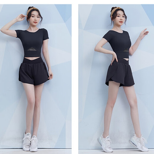 Vansydical fitness wear women's summer short-sleeved sports suit thin running quick-drying top slimming Pilates training yoga wear black two-piece set TC62917 M (recommended 95-105Jin Jin equals about 0.5 kg)