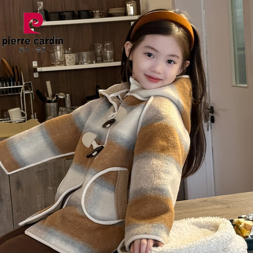 Pierre Cardin (Pierre Cardin) filles printemps et automne à la mode et à la mode manteau en laine 2024 Nouvelles filles à l'automne bouton bouton à capuchon pour enfants en train de vent brun rayé 140 cm