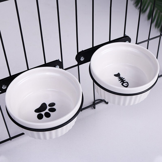 Hanhan Pet Pet Cat and Dog Bowl Hanging Cage Special High-legged Bowl Anti-overturning Ceramic Bowl Cat and Dog Food Basin Water Bowl Solid Hanging Ceramic Double Bowl