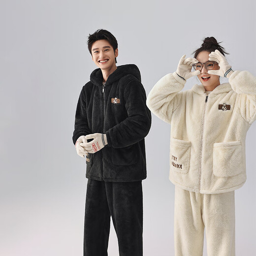 Kissing Cat Soft Velvet Hooded Couple Pajamas Women's Autumn and Winter Men's Suits Home Clothes Thickened and Can be Weared Outside 4749 Milkshake White Women's L