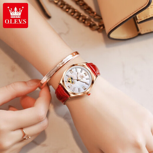 Oleeis Olevs Swiss Certified Brand Watch Women's Mechanical Watch Vollautomatisch Hollow Women's Watch Birthday Gift für Freundin und Frau verbesserte die erweiterte Version 6636-Red Rose Flora Face [Lebenszeitgarantie]