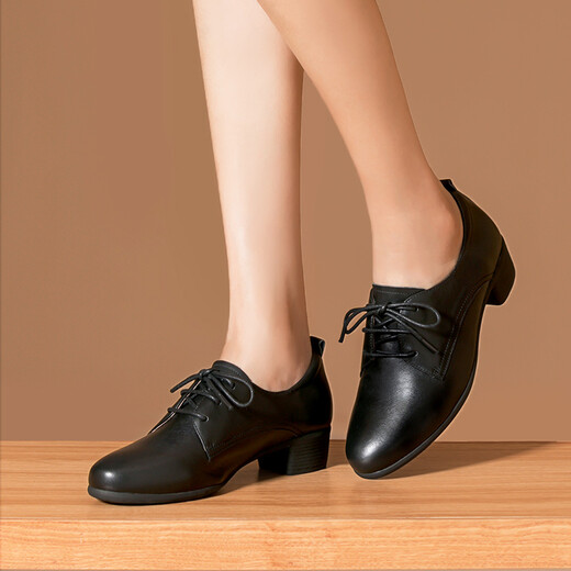 Zapatos de cuero con cordones negros de lu shinan para zapatos de trabajo de boca profunda profesional de la mitad de la mujer para mujeres para el otoño y los zapatos de conmutación de invierno en el tacón grueso de cuero de cuero suave y de cuero negro de la mitad de la altura media de 3.5 cm más el vellón (723) 36