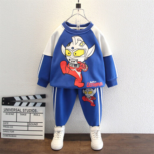 Bei Lecong children's clothing boys' suits children's clothing spring, autumn and winter middle-aged and small boys' student clothing fashionable and versatile thickened one-piece velvet casual bottoming sweatshirt + sports trousers two-piece set blue 140 size (recommended height is about 130CM)