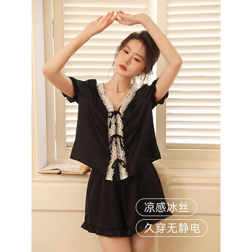 
KJ French ladies pajamas summer thin short sleeve shorts summer cardigan can be worn outside home clothing suit Pink 55J1278 [Long suit] S