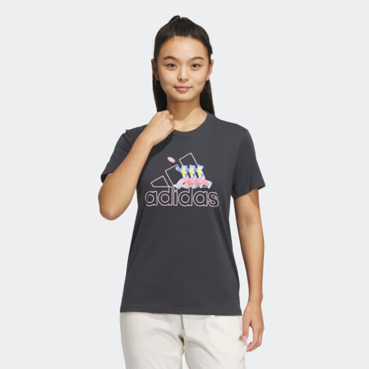 阿迪达斯 （adidas）短袖T恤女装2025夏季半袖印花Logo运动服卡通熊猫图案休闲圆领衫 IP3937深灰 S 推荐85-110斤