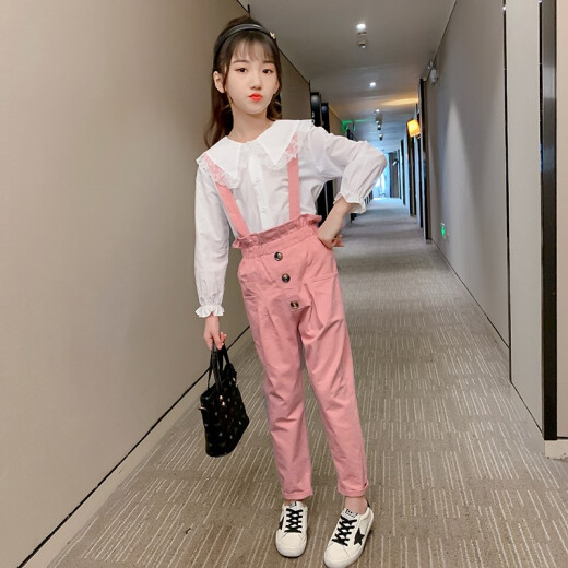 Xiong Diming Children's Clothing Girls Summer Suit 2021 Children's Short-Sleeved Fashionable Summer Two-piece Suspenders Set for Girls and Girls 5-13 Years Old Summer Suspenders Suit Pink + Long Sleeve 140 Codes (Recommended Height Around 135)