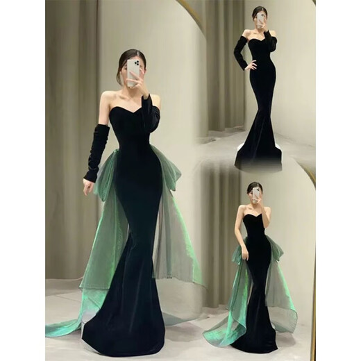 RONGXITU black velvet tube top fishtail evening dress skirt birthday performance host annual meeting long picture color S (15 days pre-sale)