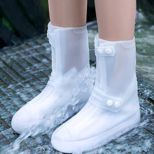 Bovonick waterproof rain cover shoes rainproof anti-slip wear-resistant rain boots adult high tube silicone thickened water shoes high tube white L size