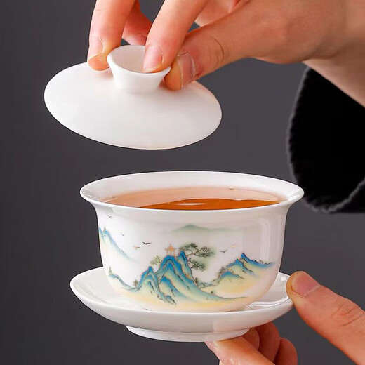 Suet-fat jade porcelain ceramic covered bowl single hover tea cup blue and white Kung Fu tea set lid suspended tea bowl