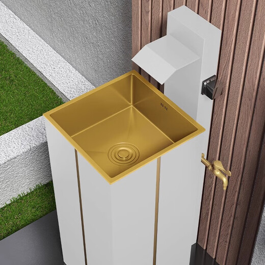 Stainless steel pedestal wash basin outdoor wash basin courtyard floor-standing pedestal basin home balcony outdoor pool white waterfall faucet pedestal basin (platinum)