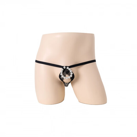 Adult erotic underwear European and American men's thong bead chain ring pearl temptation hollow perspective 2 black one size