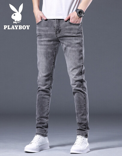 
Woodpecker jeans men's ripped slim feet Korean style trendy summer new style trousers stretch casual versatile pants men QQN1048 smoke gray 28