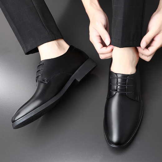 Portures leather shoes men's lace-up business casual shoes Korean style trendy soft-sided wedding formal shoes for men 6633 black 40