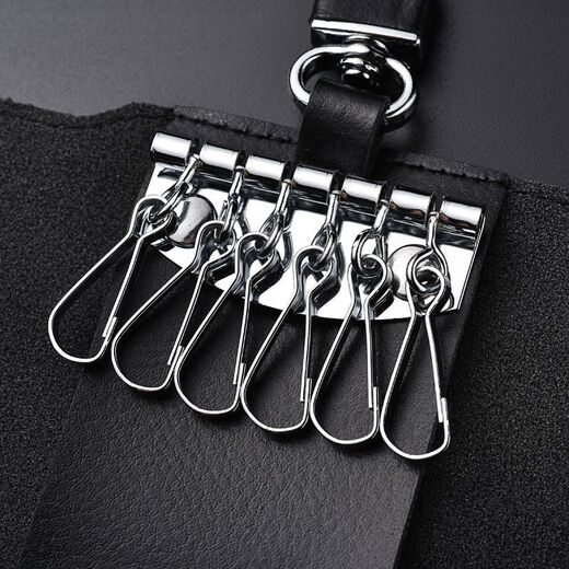 Cowhide key bag for men, large-capacity, multi-functional, universal car key chain, women's waist hanging, compact household key bag, buckle version - black - 6 key positions