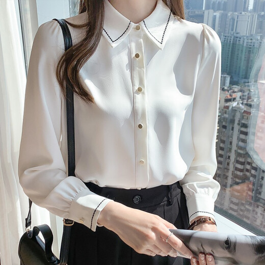 Zhiling shirt women's 2021 early spring shirt women's long-sleeved fashion design niche versatile light mature Hong Kong style chiffon shirt women's shirt W83103 white M