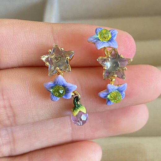 Caizhi French les enamel eggplant dream series blue jasmine faceted star gemstone earrings ring earrings