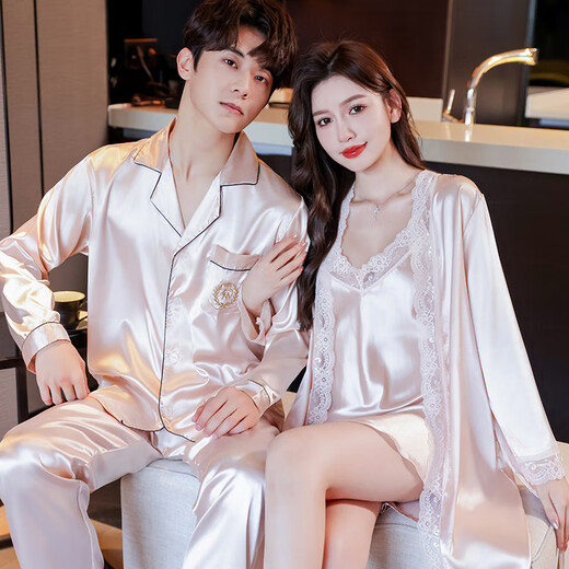Modal high-end couple pajamas for women in spring and autumn, ice silk sexy nightgown, summer long-sleeved men's home wear set, two sets of love champagne long-sleeved M female (180) male XXL size