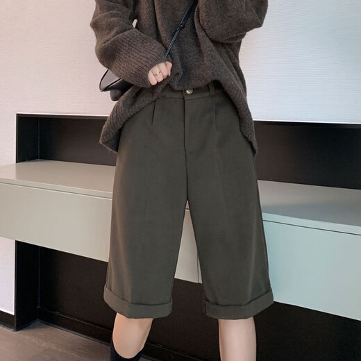 CamalgOri winter five-point woolen shorts for women, thickened outer wear, high waist, versatile, fat mm size, small straight hemmed mid-pants for women, brown M