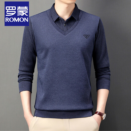 ROMON fake two-piece long-sleeved T-shirt for men's spring and autumn new lapel base top casual business Polo T-shirt for men T 6630-Gray L