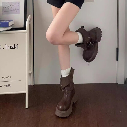 凰巣棕色复古美拉德厚底马丁靴女款2024新款秋冬英伦风显瘦增高短靴子 深棕色 36