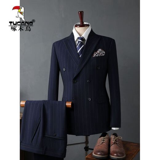 Woodpecker (TUCANO) Men's Suit Suit Casual Business Formal Wear Groomsmen's Suit Groom Wedding Double-breasted Striped Suit Jacket Men's Dark Blue (Suit+Vest+Trousers) 3XL 56(145-158Jin Jin equals 0.5kg)