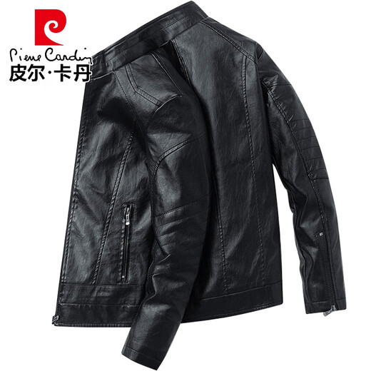Pierre cardin high-end leather jacket men's autumn and winter trendy brand plus velvet motorcycle leather jacket clothes spring and autumn handsome men's clothing 9923JR# black plus velvet M 95-110Jin [Jin equals 0.5 kg]