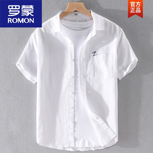 
ROMON Japanese casual men's linen short-sleeved shirts trendy linen clothes men's summer cotton linen shirts summer thin YY9711 light blue linen L