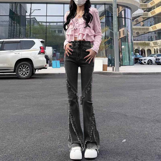 沐依琳牛仔裤女春秋新款黑灰微喇高腰显瘦小众设计感修身毛边喇叭裤子 677浅蓝 25