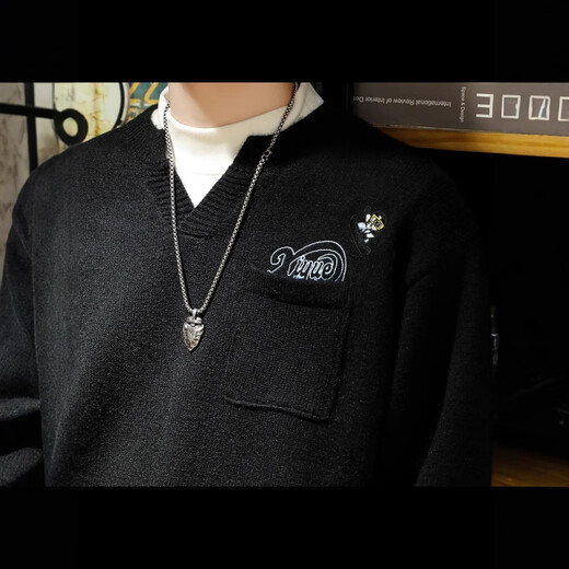 AEMAPE brand sweater men's 2025 early spring new trendy brand loose Henry collar embroidered sweater men's sweater top black L suitable for 125-145Jin Jin equals 0.5 kg