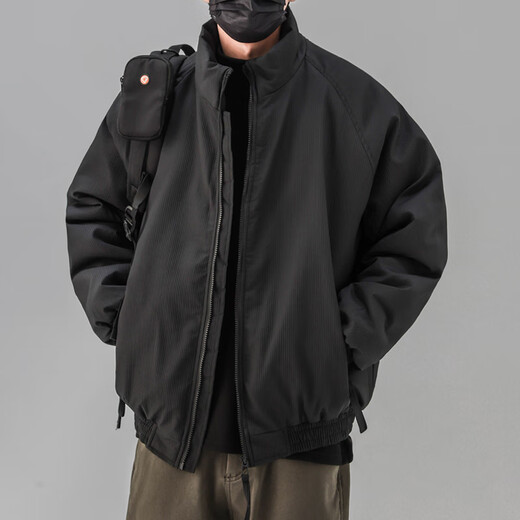 POUM Japanese retro winter new cotton coat men's trendy loose warm cotton jacket loose stand-up collar cotton coat QYRJ-Y20 black XL