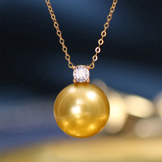 WEIYAN Princess 18K gold South Sea gold bead pendant, round bright seawater pearl pendant, single women's model, gift for wife, gold bead pendant + S925 silver O-shaped chain 12-13mm