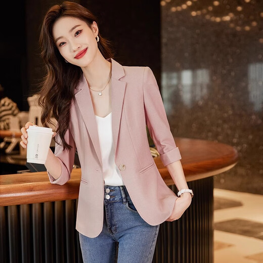Jian Ting pink suit jacket for women summer thin 2026 new mid-sleeve temperament high-end small suit three-quarter sleeve pink suit M