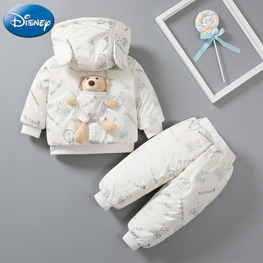 迪士尼（Disney）婴儿冬装棉衣套装加厚男0-1岁半2两件套衣服春秋季外出服宝宝棉袄 白色小熊帽衫两件套 加厚 90