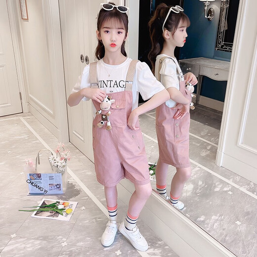 小咕嘟熊童装女童套装夏装中大儿童装休闲短袖两件套小女孩衣服背带裤服装 粉色 140