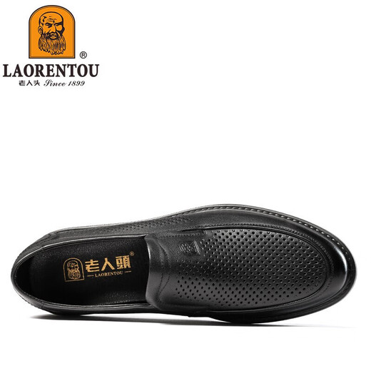 老人头（LAORENTOU）男皮鞋夏季镂空休闲鞋头层牛皮套脚鞋透气打孔鞋 LL12027 黑 43 
