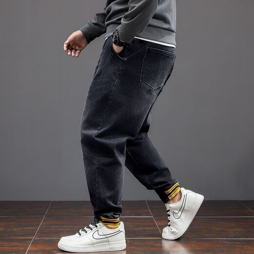 Fei Shimi Autumn New Fashion Brand Elastic Small Foot Jeans Fat Loose and All-Match Pants Elastic Waist Fat Pants 300 Jin [Jin equals 0.5 kg] Black 9901 XL 1 (130-150 Jin [Jin equals 0.5 kg])