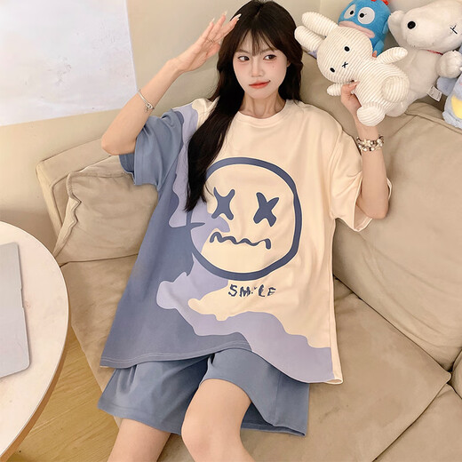 俊俊穗迪美睡衣女夏季纯棉短袖薄款可爱卡通加肥加大码200斤女士家居服套装 短-WB1343条纹芝麻 3XL 加大码（170-190斤）