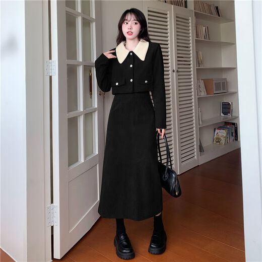 FHHUABD赫本风小个子吊带长裙套装淑女学生法式小众感气质名媛小香风 黑色六六二二 S
