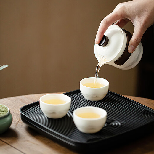 Yi Nian Fangyuan Suet Jade White Porcelain Kung Fu Tea Set with Tea Tray B&B Hotel Ceramic Teapot Tea Cup Hand-held Pot Simple Ink Style One Pot Three Cups + Black Square Plate + Bag