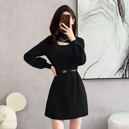 Xiao Yu (XIAOYU) 2025 Spring and Autumn New Women's Dress Small Bottoming Knitted Red Temperament Clothes Black One Size (Recommended 85-135Jin Jin is equal to 0.5 kg)