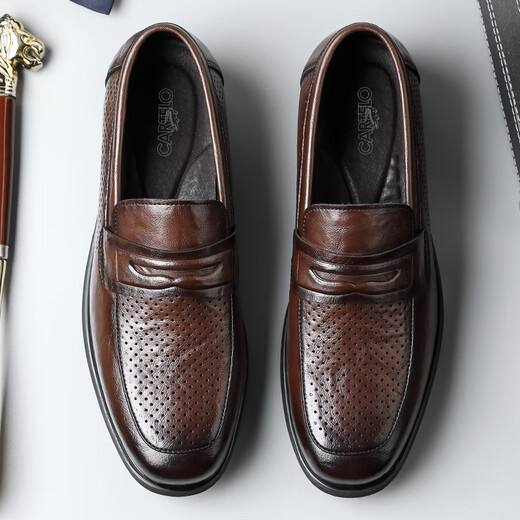 
CARTELO men's leather shoes summer breathable business casual shoes loafers one-foot hollow leather shoes men 9934 brown 38
