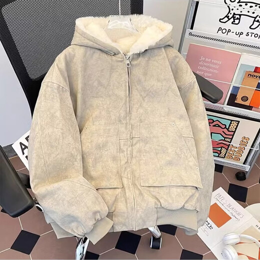 Yiran presents winter velvet thickened hooded cotton coat for men, old American high street retro youth sports warm trendy brand cotton coat, gray apricot M recommended 105-120 Jin Jin equals 0.5 kg