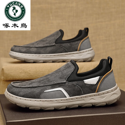 啄木鸟帆布男鞋夏季透气懒人一脚蹬老北京布鞋男士轻便软底休闲运动板鞋 牛仔灰 42