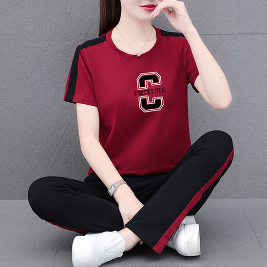 NY-EMMA-Sportanzug für Frauen mit kurzärärmigem Sommer-High-End-modisch altersreduzierender Cotton Cason und modischer Quadrat-Tanzanzug mit zweiteiler Set 692 Orange (Hosenanzug) XL (Empfohlen 110-125 Jin [Jin gleich 0,5 kg]))