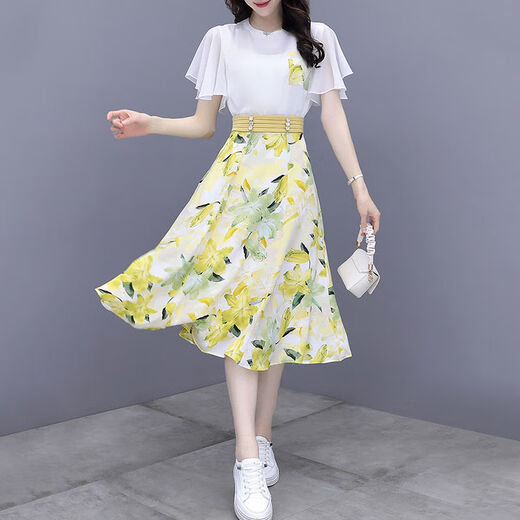 依慕琪法式甜美雪纺连衣裙子女夏天2025年新款气质收腰碎花半身裙两件套 9767#粉色原版现货套装 S