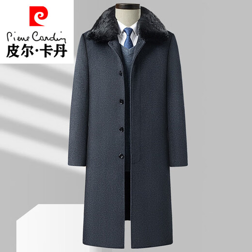 皮尔卡丹（pierre cardin）秋冬季仿羊毛呢大衣长款过膝盖中年男装呢子大衣外套爸爸装风衣男 黑青超长款 L 175