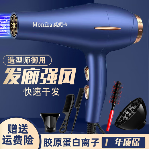 Monica German series hair dryer for home high wind hair salon high power barber shop special negative ion hair care does not hurt hair hot and cold wind silent styling high power powerful quick drying black gold-hair salon style six-piece set